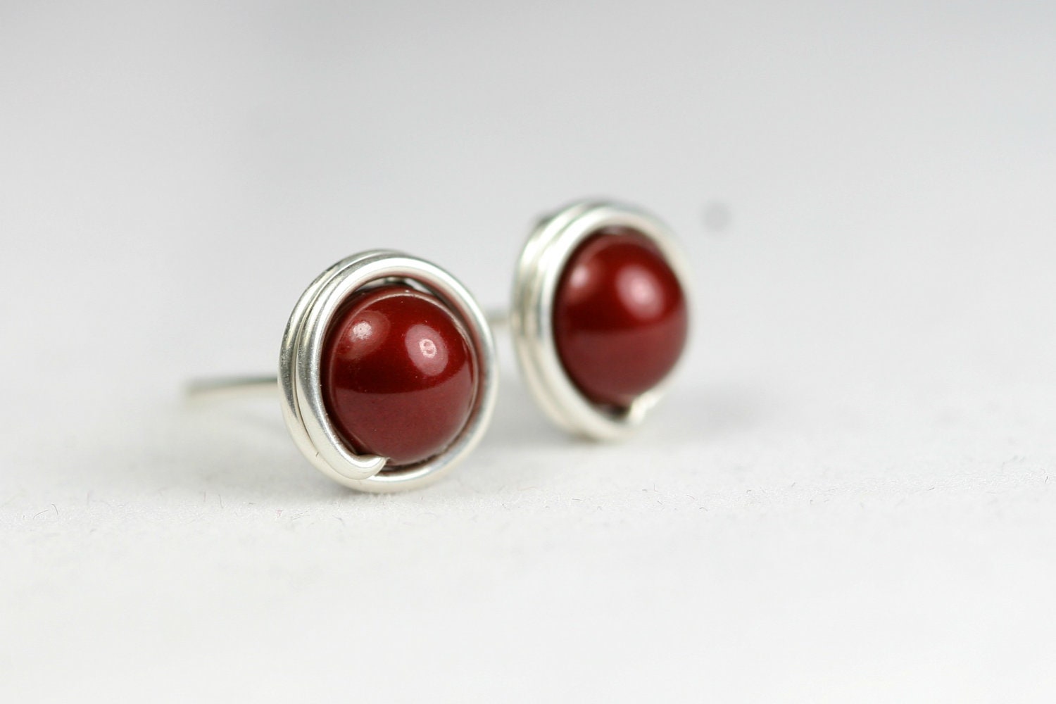 Dark Red Earrings Wire Wrapped Jewelry Handmade Sterling Silver Jewelry Handmade Red Stud Earrings Swarovski Pearl Earrings