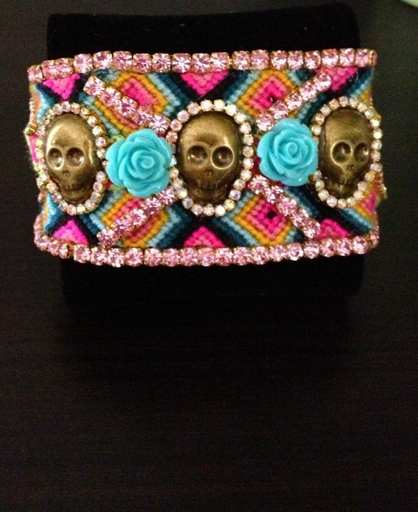 Yorick - 1.75" wide handwoven, friendship bracelets embellished with aurora borealis and zircon crystals ,natural coral accents and spikes