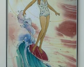 Pop Art Mixed Media Loose Illustration in Fashion Model Style Girl Surfing a Short Board - Colorful Spray  in Blues Greens Neon Pink Yellow
