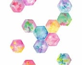 Hexagon geometric watercolour art print pink purple blue green rainbow