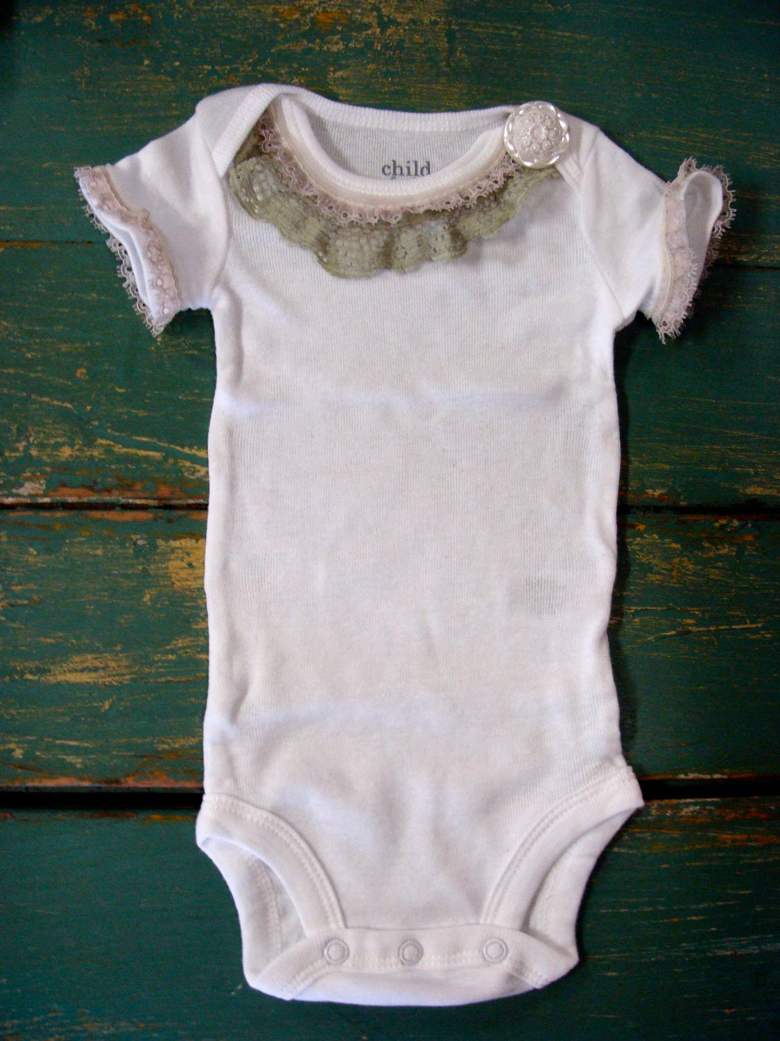 Lace Trim Onesie - Green and Pink Vintage Lace - Trendy Baby Girl - Perfect Baby Shower Gift