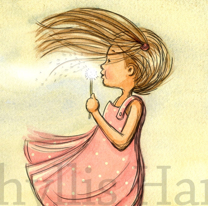 Nursery Wall Art - Girl blowing dandelion -Make A Wish-  Illustration for Girl's room decor