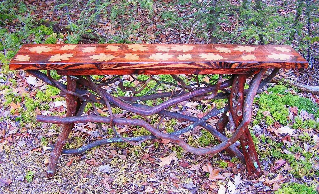 Rustic Handmade  red Pine Entry Hall sofa console Table with leaf design Log Cabin Furniture by J. Wade Free Shipping