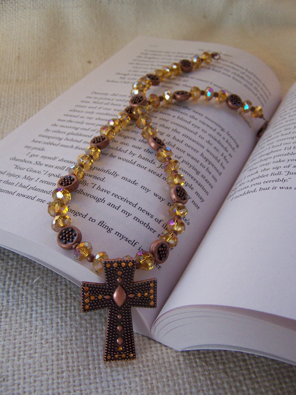 Studded Bronze Cross Necklace and Earring Set - Handmade Necklace - Handmade Earrings - OOAK - Ready to Ship