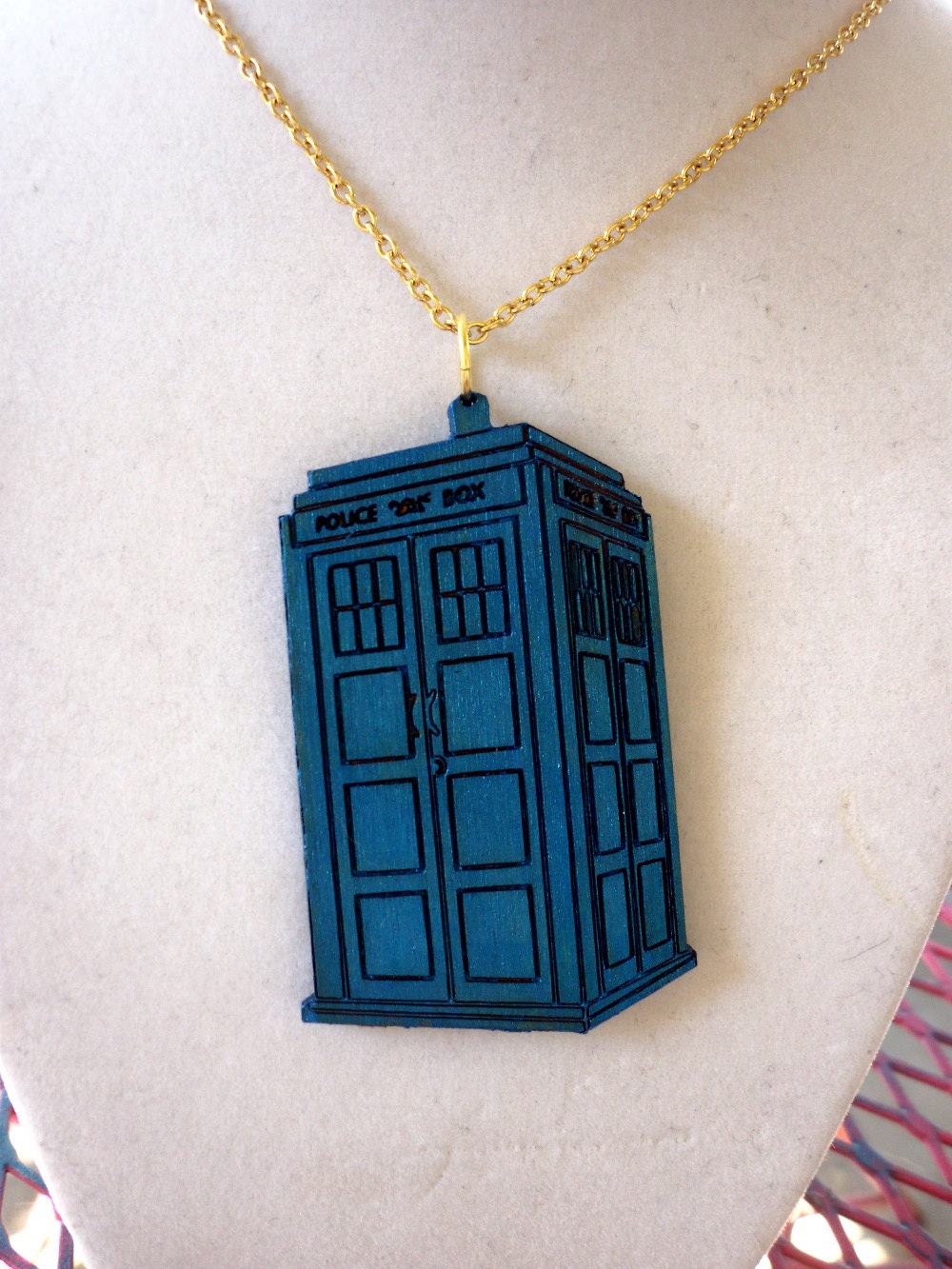 Metallic Blue Wooden TARDIS Necklace