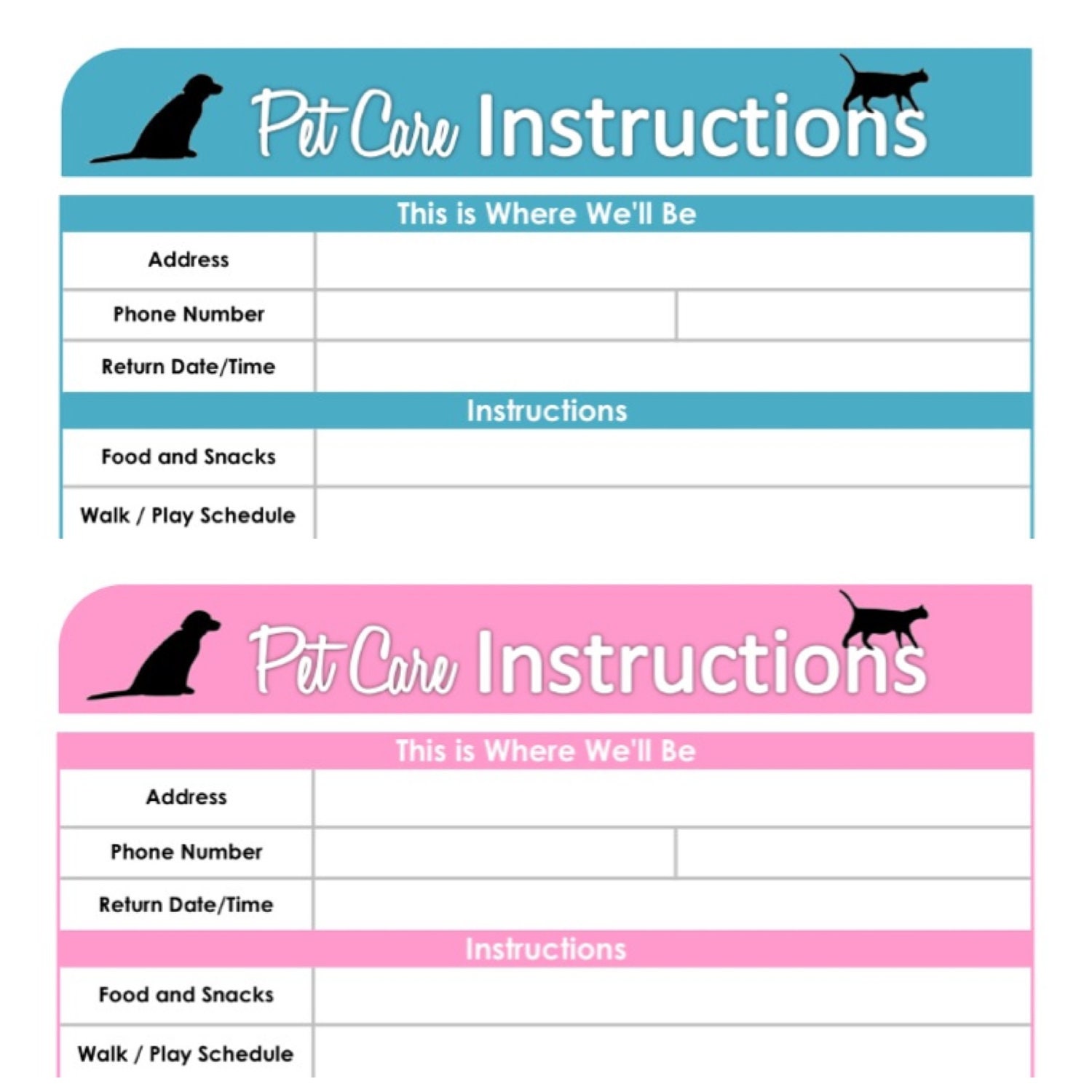 Pet Care Instructions - Organizing Printable Document  - Pink and Blue - INSTANT DOWNLOAD