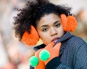 handmade earmuffs earwarmers fluorescent orange pompoms neon, pom pom, pompon by bimabejbe
