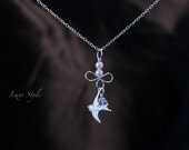 Silver Pendant Necklace Hanging Bird Swarovski  Crystal pearl white Metal Jewelry Handmade Luxe Style