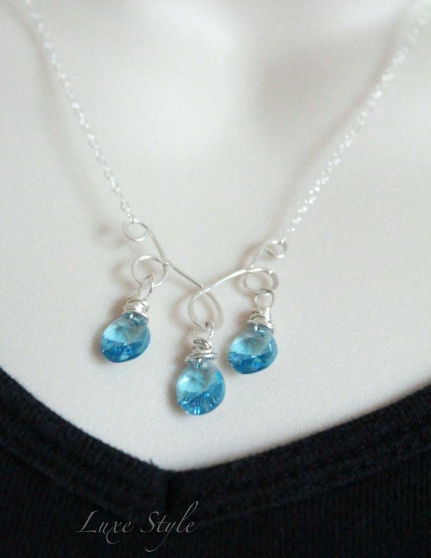 Wire wrapped Pendant with chain Aqua blue swarovski crystal bridesmaid gift sterling silver jewelry Luxe style