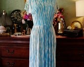 Blue Turquoise & White Zebra Striped Animal Print Summer Dress with Gathered Skirt and Short Sleeves by Henry Rosenfeld Size M