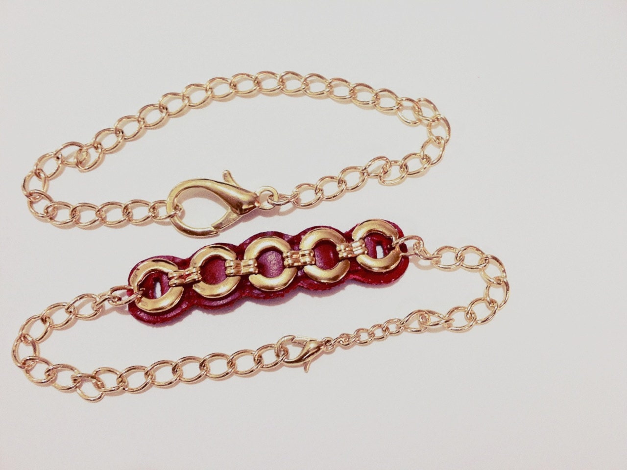 Large lobster clasp, leather, and gold chain bracelet (set of 2)