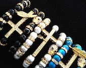 SALE Arm Candy Set: Beaded Bracelet Trio - Cross, Skull, Key, Feather Gold Charms w/Rhinestone Accents