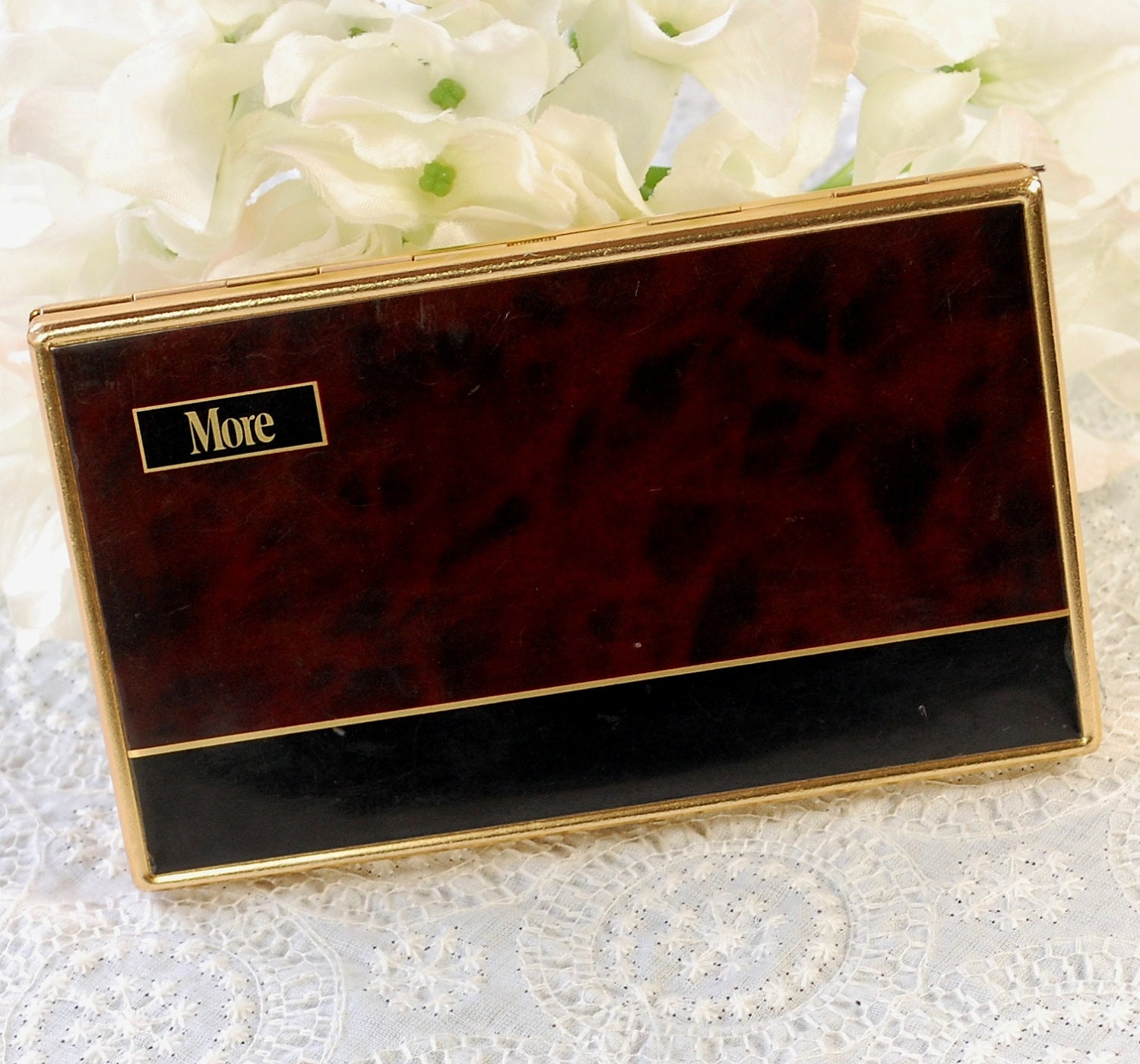Vintage Cigarette Case / Holder, Gold Metal Compact, Tortoise Shell Brown, Black Stripe, Designer MORE, 1970s Mid Century Accessory