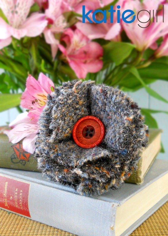 FELTED WOOL FLOWER from upcycled wool - Grey & Orange Tweed