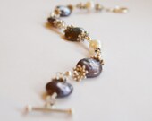 Sterling Silver Bracelet with Wire-Wrapped Purple Coin Pearls and Silver Bali Beads with FREE Ring