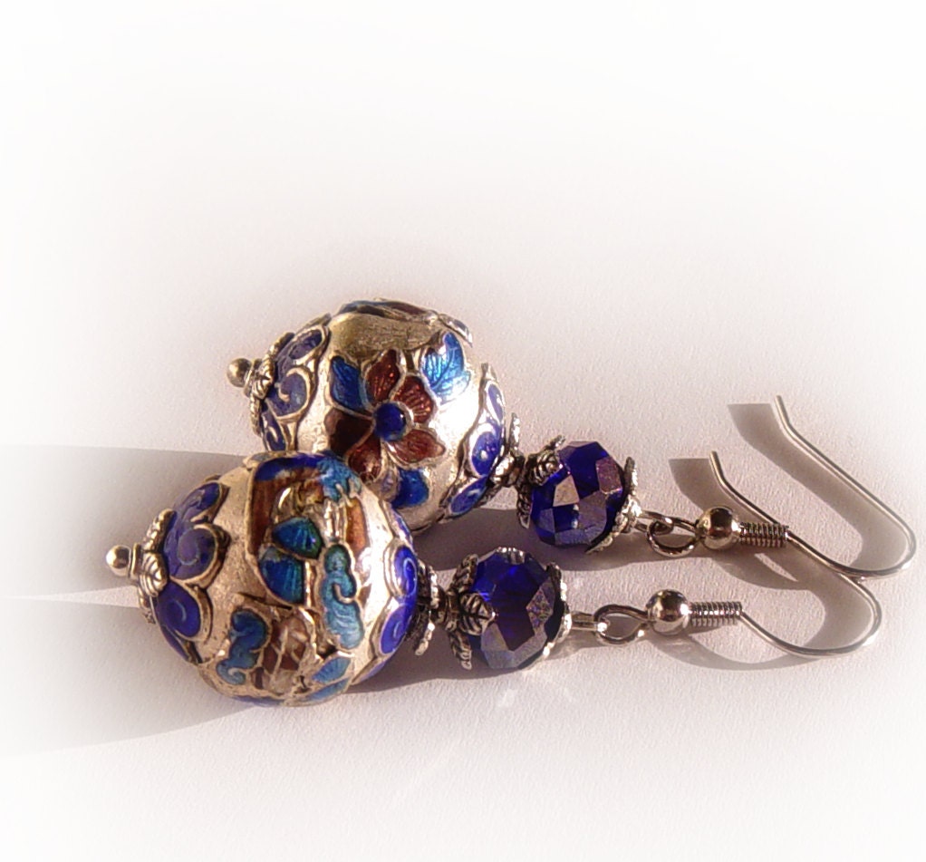 Blue silver cloisonne earrings, dangle earrings, cloisonne jewelry