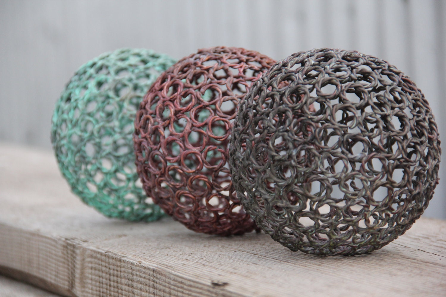 3 Small twisted wire copper ring balls, Copper sphere, Metal sculpture