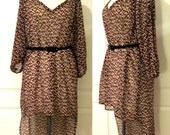 Sexy Sheer Modern Geometric Pattern Print Chiffon Low V Cut Neckline Cut Out Dolman Sleeves High Low Dress