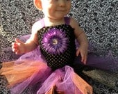 Baby/ Infant/ Toddler Girl Halloween witch Costume Crochet Black ,Orange and purple Dress with purple Flower and Headband