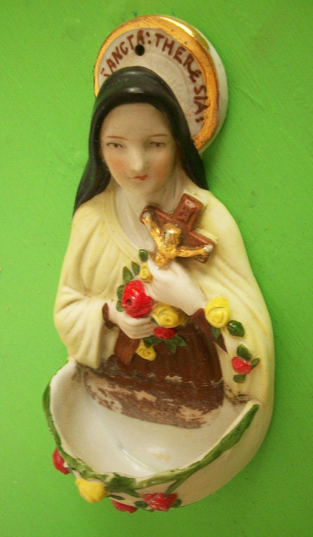 Antique Holy Water Font Sancta Theresia Made in Germany Saint Teresa Christian Catholic Wall Font