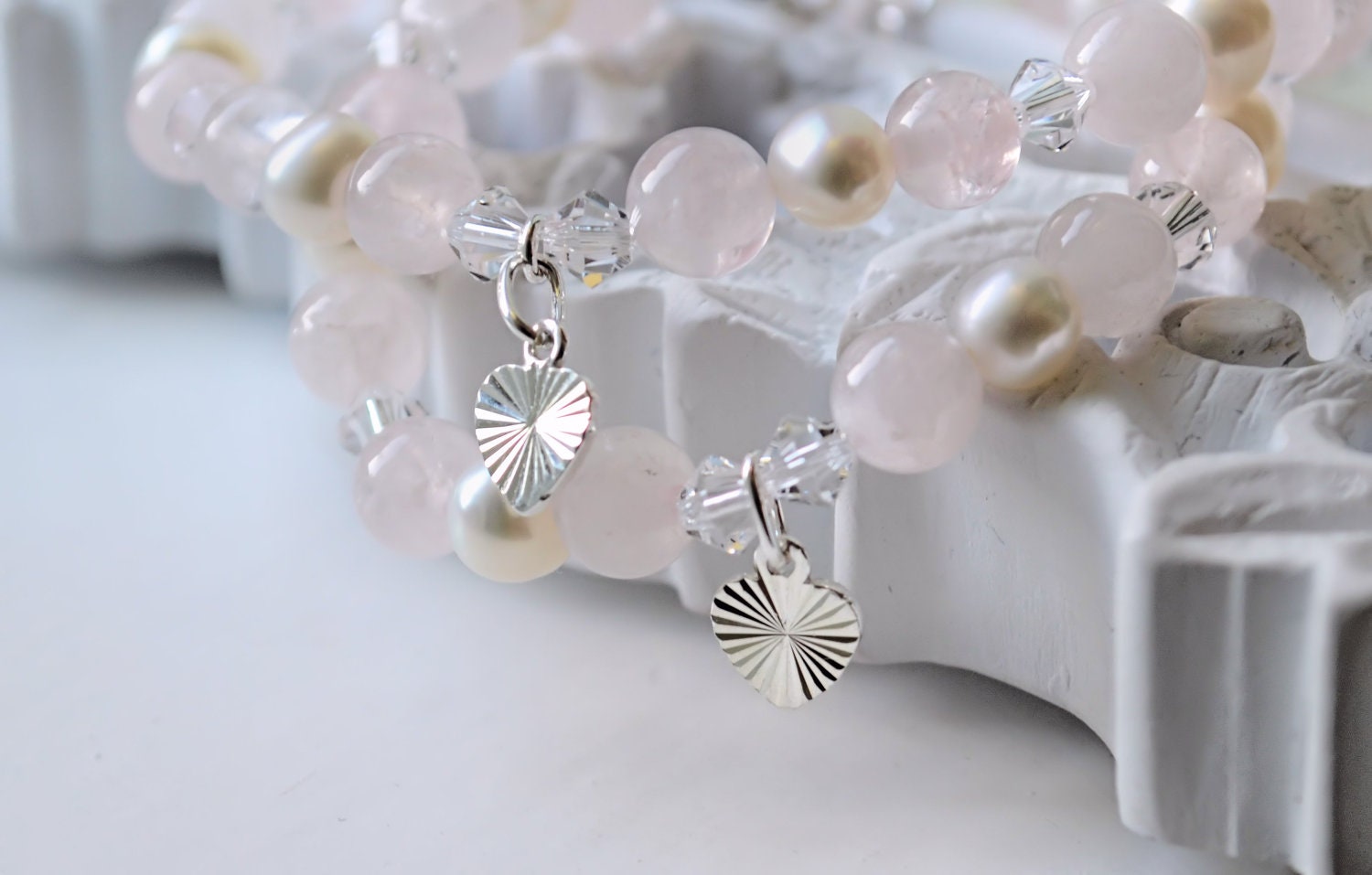 mom daughter keepsake gift bracelets white pearl pink rose quartz crystal heart charm 925 sterling silver gift bride bridesmaid jewelry