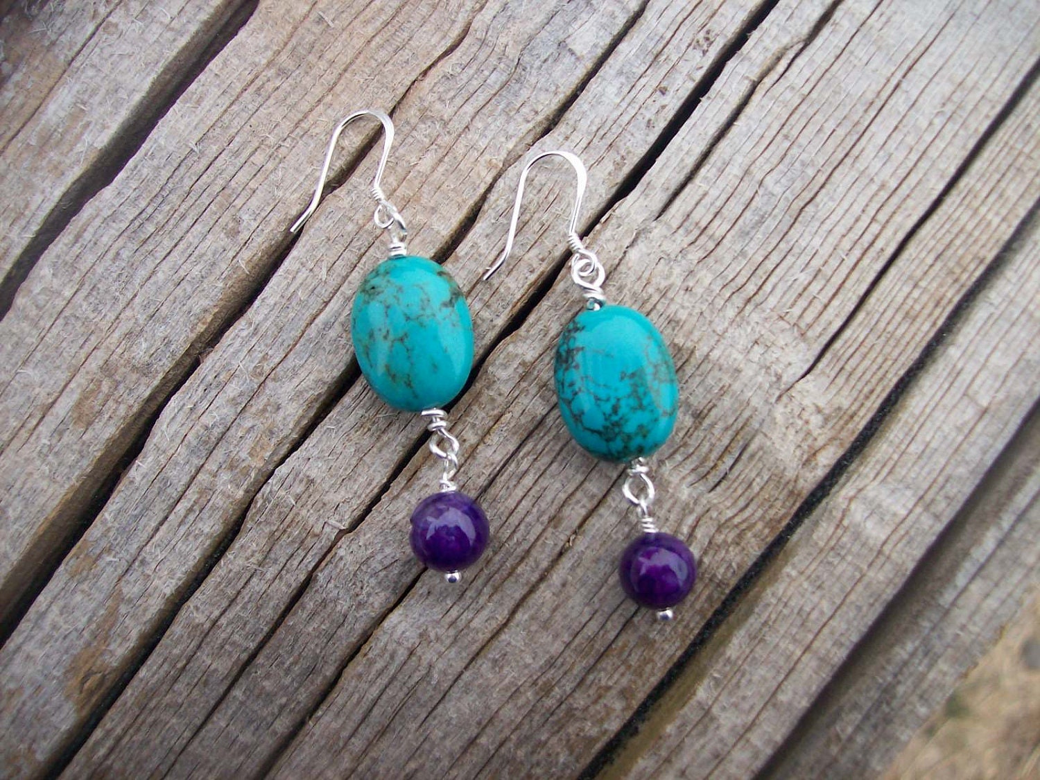 Polished Red Mesa Turquoise with Purple Amethyst Gemstone Crystal Wire Wrapped Sterling Silver Earrings OOAK Woodland Natural Gift For Women