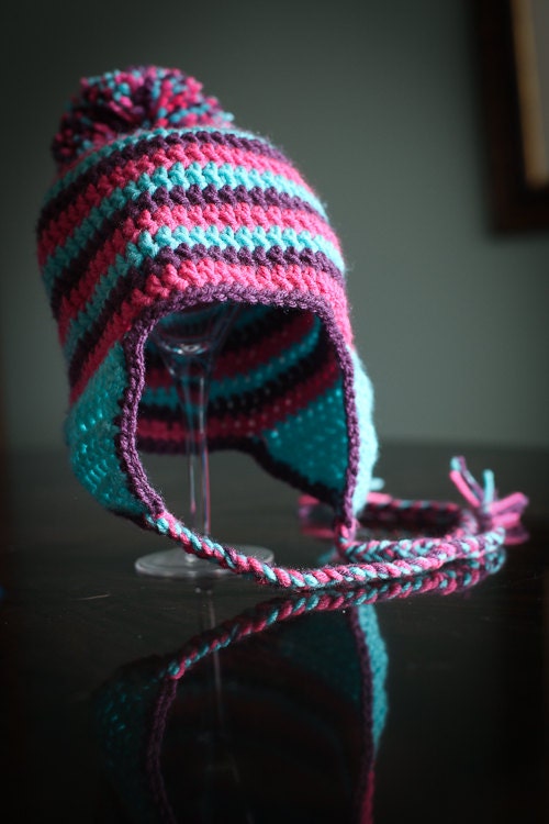 Crochet Striped Earflap Hat with Pom Pom