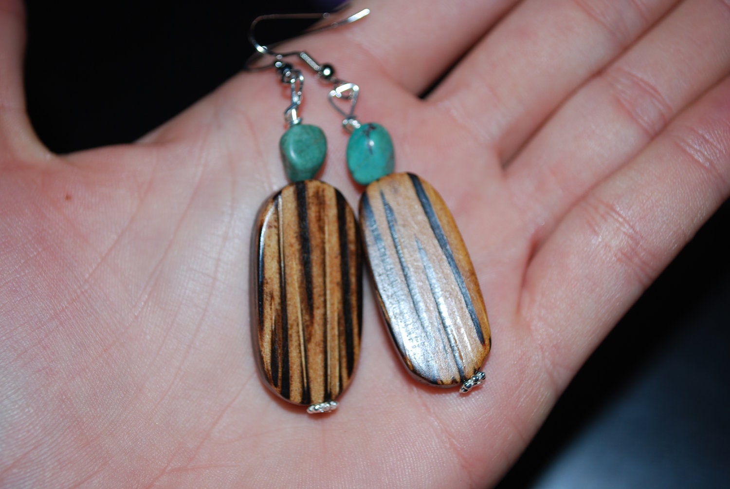 BOHEMIAN Style Earrings, Wood Bead, Turquoise, Dangle Fishhook Wire, Nature Inspired, Celebrity Style