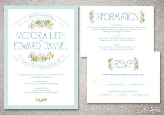 Rustic Floral "Victoria" Wedding Invitation Suite - Vintage Deco Invitations - Personalized DIY Digital Printable or Printed Invite