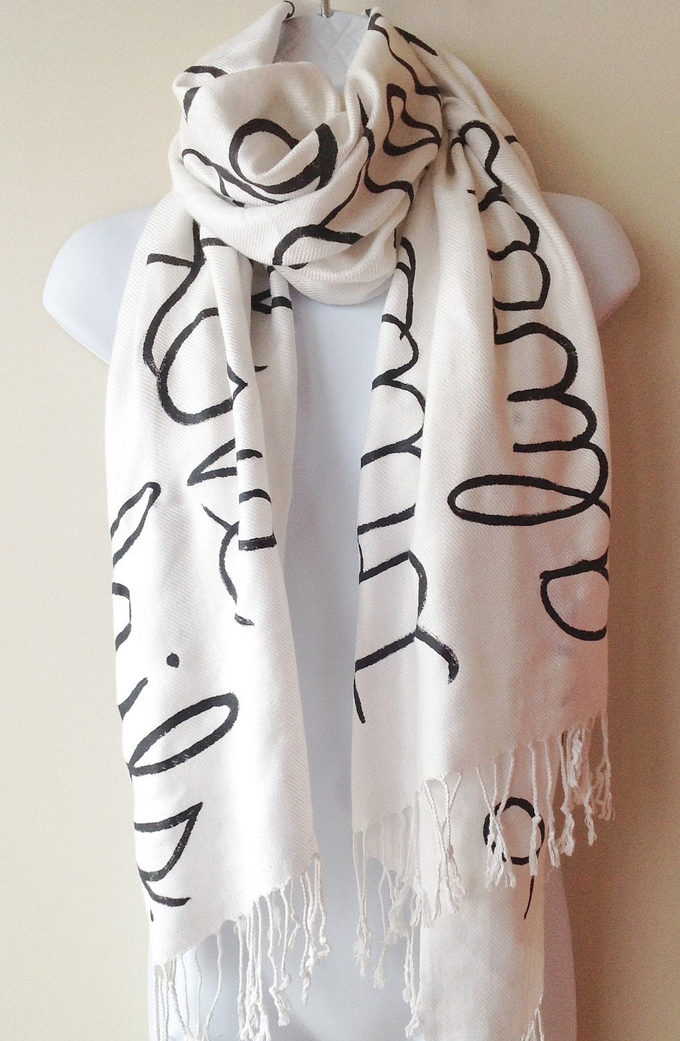 Love Never Fails Pashmina Script Scarf - Black and White - great Valentine's Day Gift