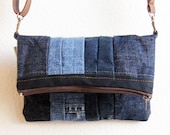 Casual Friday. Small denim bag with brown adjustable or detachable strap. Upcycled and recycled denim and upholstery material.