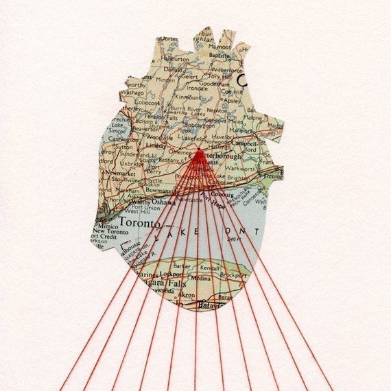 CUSTOM Embroidered Print 'One Heart' / map collage anatomical heart red thread