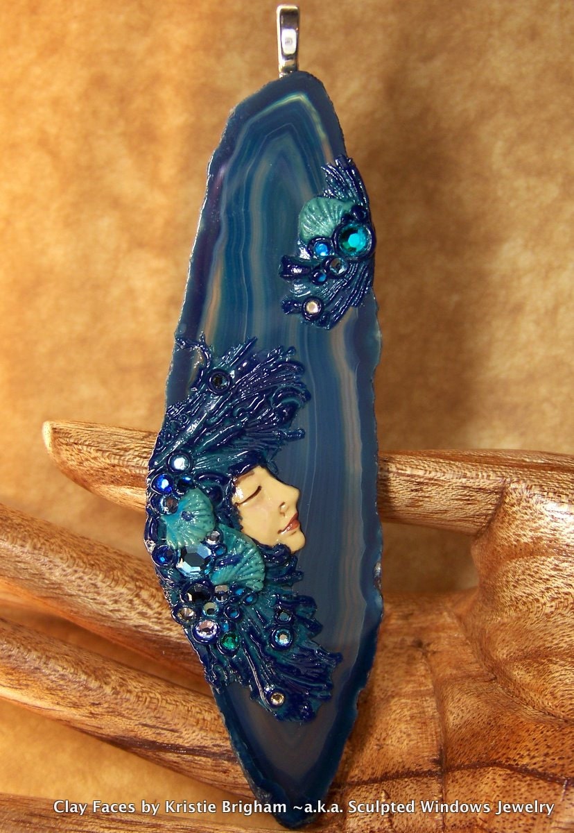 Mermaid Sea Goddess Large Pendant or BEAD Blue Agate Geode Slice & Polymer Clay Face CAB