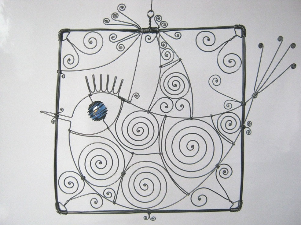 Metal Sculpture Blue - Eyed Wire Bird In A Frame