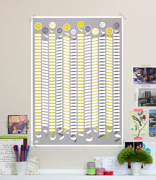 Wall Calendar (any year) in Flint Grey/Yellow Moss - Decorative Screen Print
