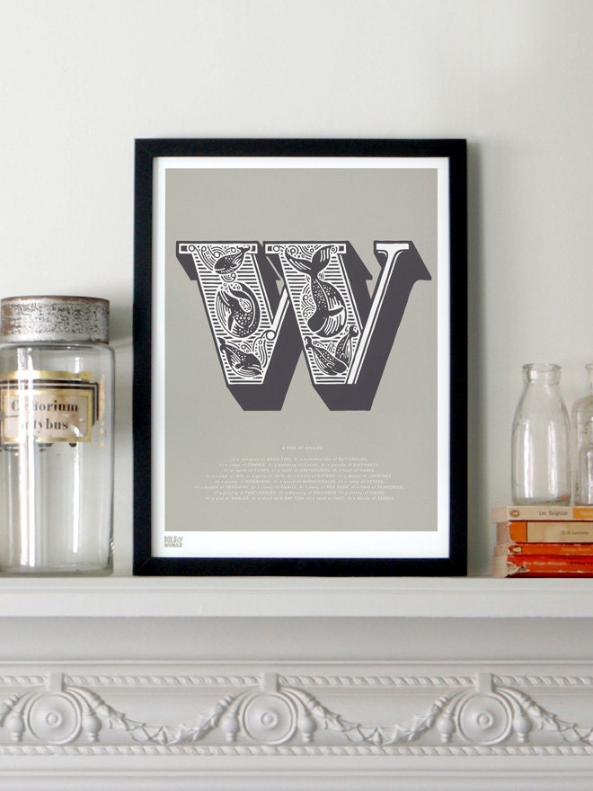 Illustrated Letter W in Putty/Charcoal - decorative screen print
