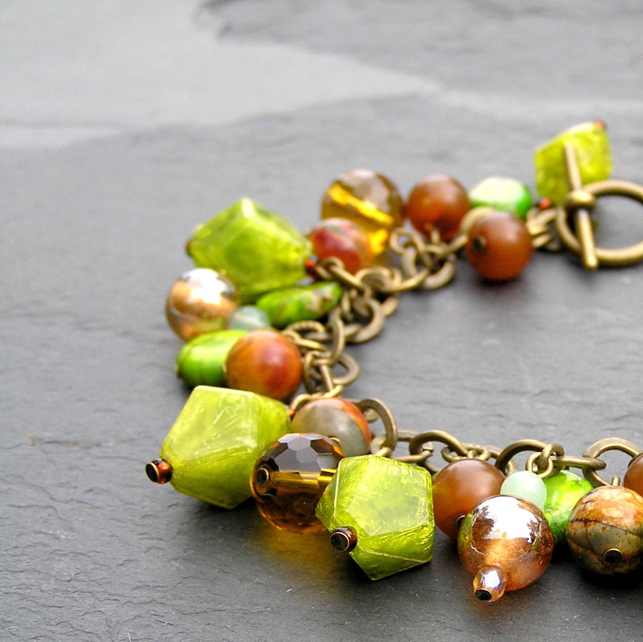 Beaded Charm Bracelet, Forest Green, Topaz Brown, Gemstone Bracelet, Crystal, Premium Czech Glass, Chartreuse, Chocolste