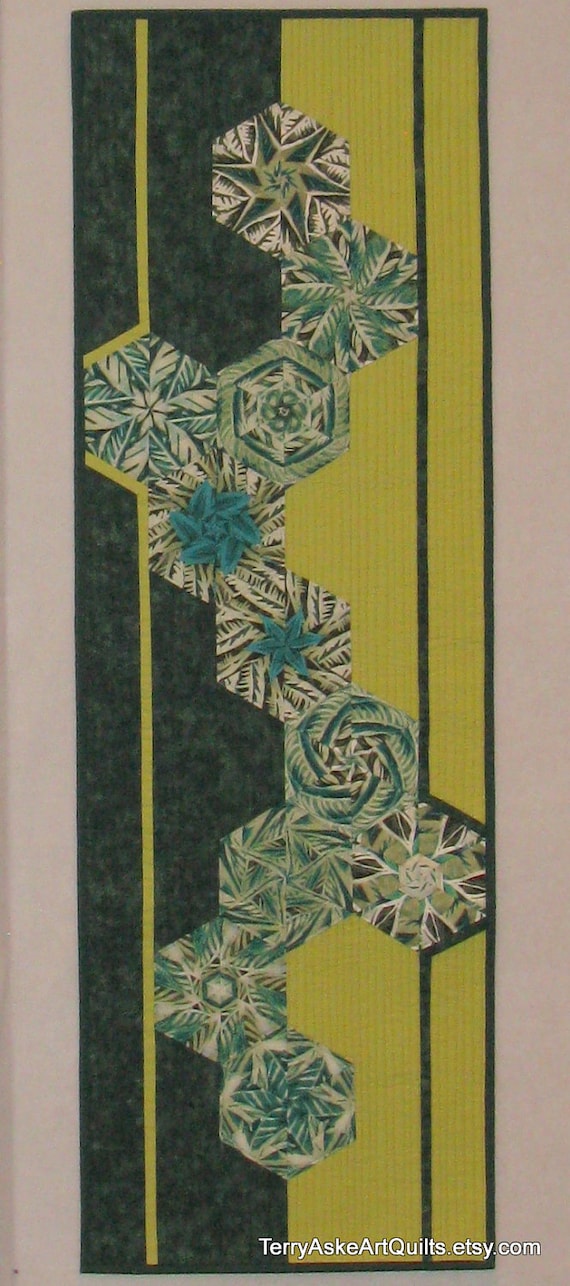 Contemporary Art Quilt Green Hexagons Geometric Shapes