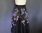 1970s Black Circle Skirt with Tulips / Floral A-Line Full Skirt / size XS