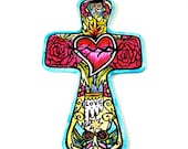 Ceramic Wall Cross Day of the Dead Sacred Heart Love Birds Tattoo Hand Painted Sugar Skull Red Roses Turquoise Yellow
