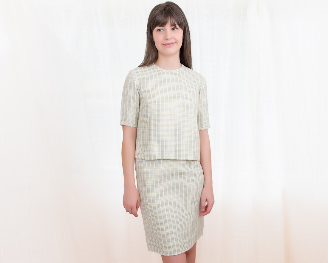 1960s Blouse and Skirt Set - Vintage 60s Dress Set - Green and Grey Plaid Linen - S