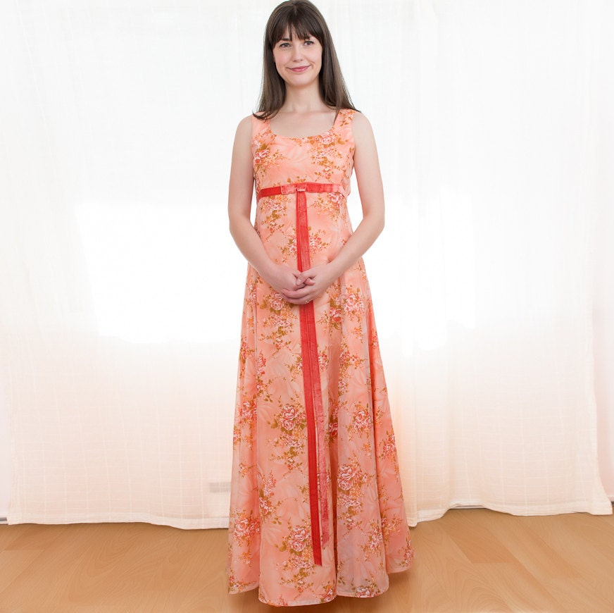 1960s Dress - 60s Bridesmaid Dress - Peach Floral Formal Gown - M