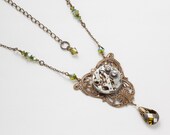 Steampunk Necklace vintage silver watch movement gold leaf flower filigree green crystal pearl Neo Victorian jewelry Steampunk Nation 1729