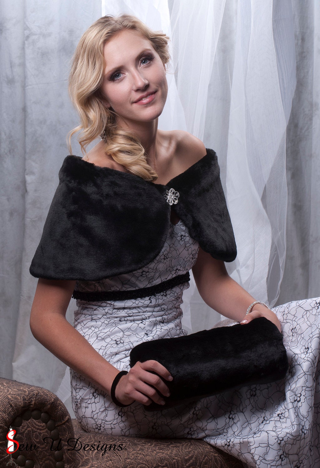 Bride's winter wedding faux fur custom 10" wide wrap shawl and muff set shrug & handwarmer Available in White or Black