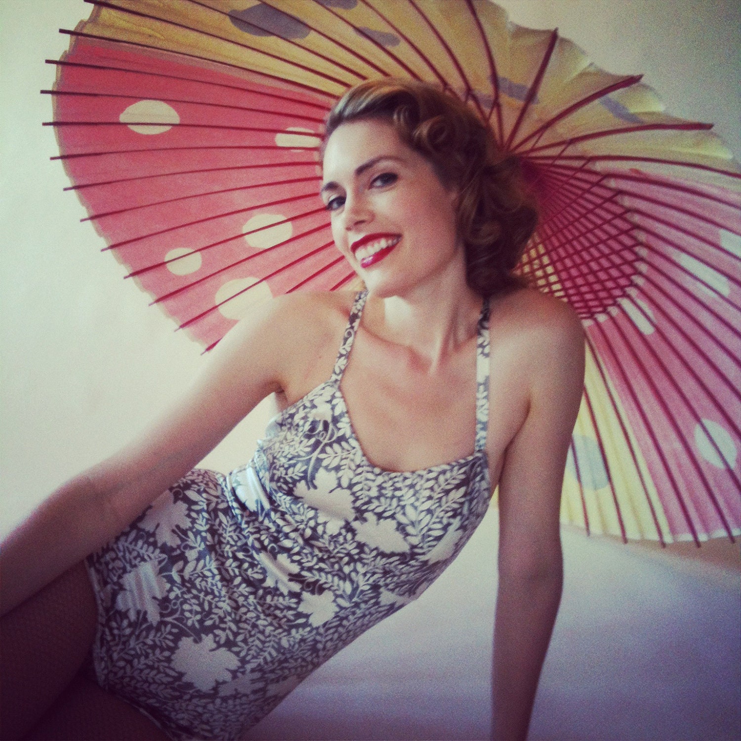 Vintage 1930s Swimaway Swimsuit Maillot Floral One Piece Summer Fashions 1940s