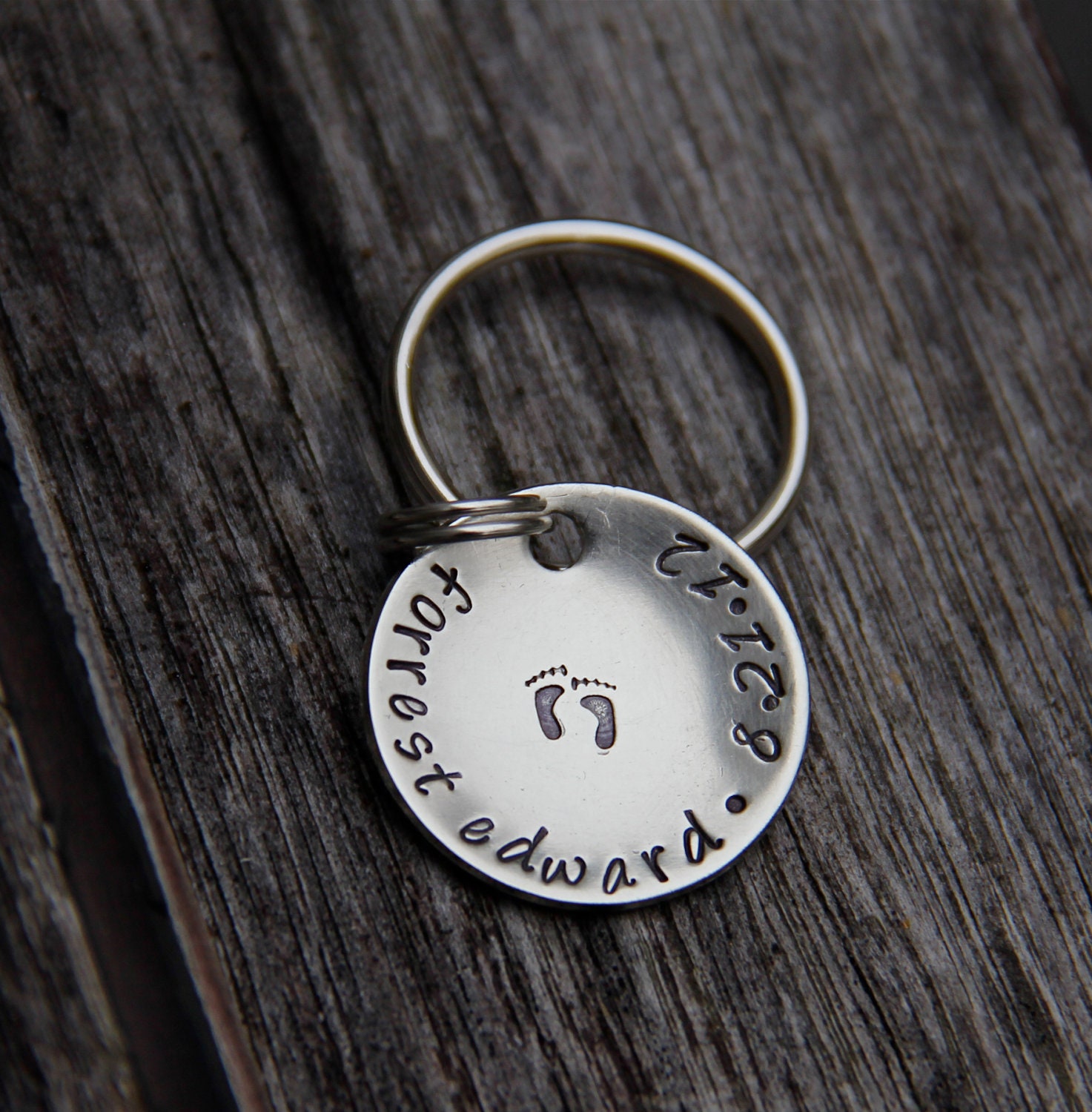 Custom New Baby Footprints Keychain in Brushed Nickel - Personalize with Name & Birthdate