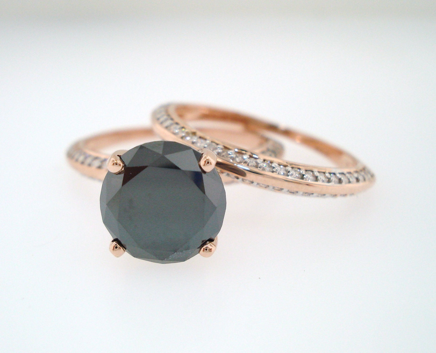 14K Rose Gold 1.61ct Fancy Black & White Diamonds Engagement Ring Wedding Band Sets Micro Pave HandMade