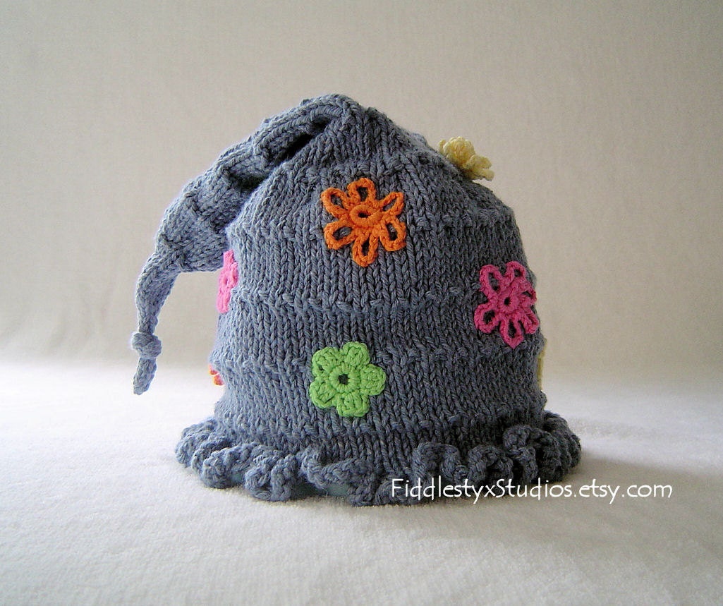 Ready to Ship Girls Hat - Hand Knit Hat - Denim Blue Flowered Stocking Hat (Child size) Summer Children Clothing Summer Accessories