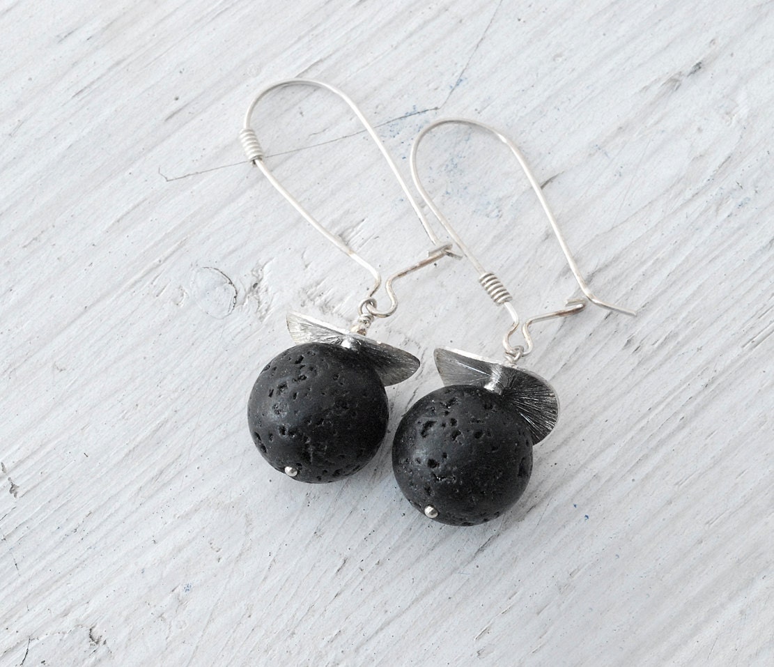 Black Lava Rock Earring, Sterling Silver Long Earring, Volcanic Black Jewelry, Santorini Jewelry, Everyday Black Jewelry, Spring 2013