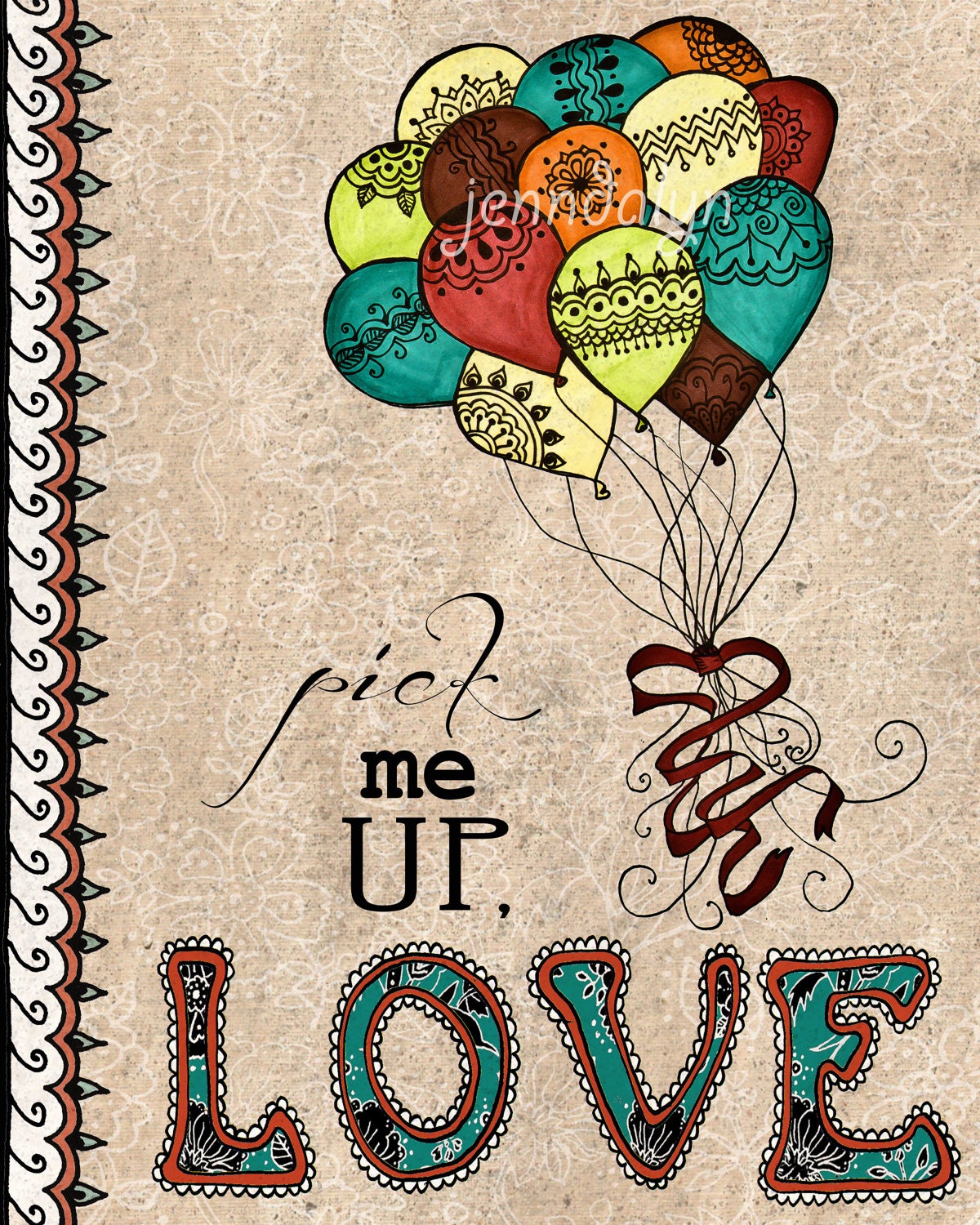 love poster balloons inspirational typography print 11 x 14 Pick Me Up mixed media art